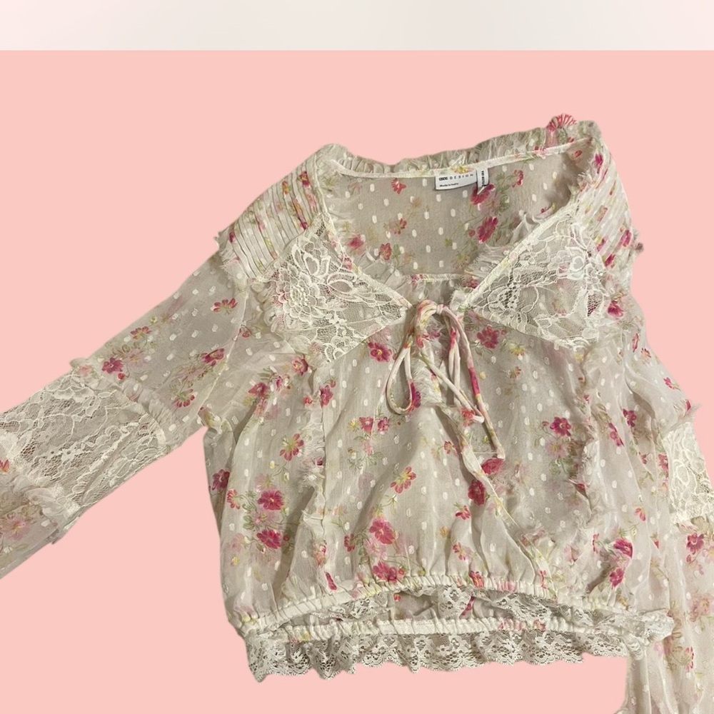 Free People Floral Lace Trim Blouse in Cream